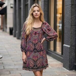 Angie Women's Boho Feel Stud Accents Multicolor Paisely Dress 3/4 Sleeves L EUC
